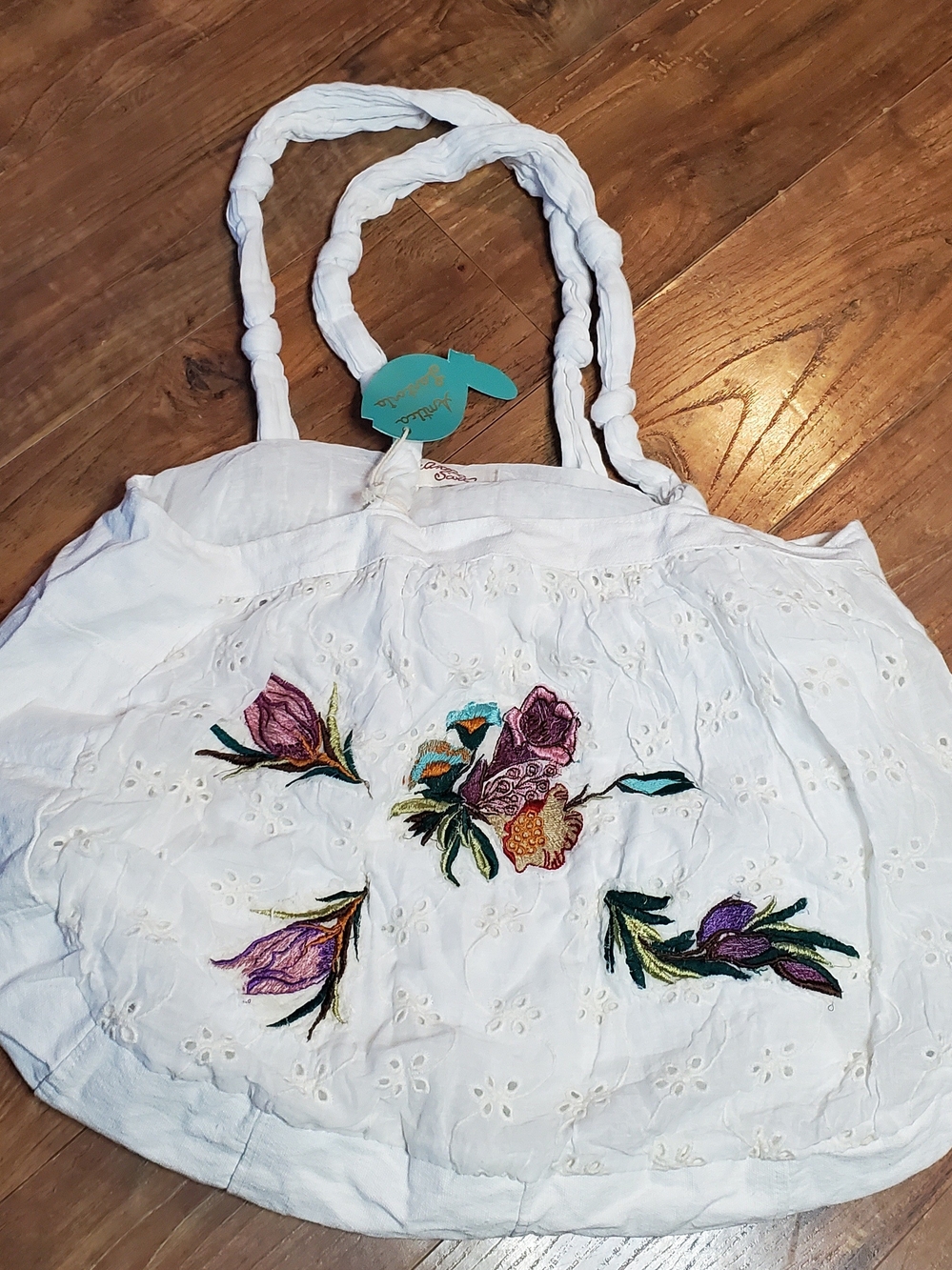 White Embroidered Floral Cotton Tote with Braided Straps
